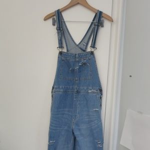 Free People Distressed Denim Overalls Wide Leg